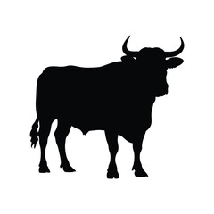 Silhouette of a powerful bull standing against a clean white background in black color