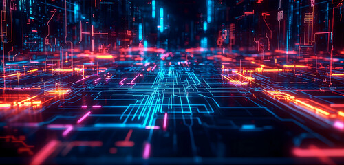 Holographic technical diagrams glowing in low-light setting presenting futuristic data transmission interface.