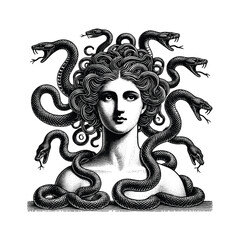 Vintage Engraving of Mythological Medusa with Snake Hair, drawn in an engraved, woodcut style with fine details sketch engraving vector illustration. Scratch board imitation. Black and white image. 