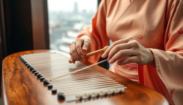 a woman playing a yangqin dulcimer