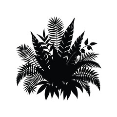 Black and white silhouette of a lush tropical foliage arrangement on white background