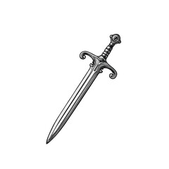 Engraved Portrait of Medieval Sword, drawn in an engraved, woodcut style with fine details sketch engraving vector illustration. Scratch board imitation. Black and white image. flat vector design