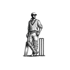Vintage Cricket Player Engraving Illustration, drawn in an engraved, woodcut style with fine details sketch engraving vector illustration. Scratch board imitation. Black and white image. flat vector 