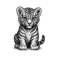 Adorable Baby Tiger Cub Black and White Illustration, drawn in an engraved, woodcut style with fine details sketch engraving vector illustration. Scratch board imitation. Black and white image. 