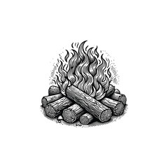 Vintage Camp fire Engraving Illustration, drawn in an engraved, woodcut style with fine details sketch engraving vector illustration. Scratch board imitation. Black and white image. flat vector design