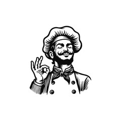 Vintage Chef Character Illustration with Ok Gesture, drawn in an engraved, woodcut style with fine details sketch engraving vector illustration. Scratch board imitation. Black and white image. 