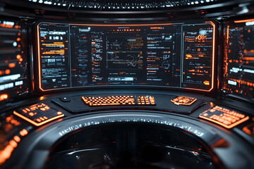 High-tech workstation with curved interface and holographic monitors in dark metallic futuristic setting.