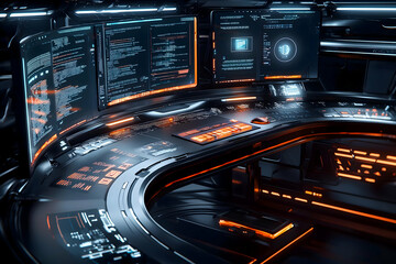 Modern sci-fi console with neon buttons and floating displays in dark high-tech environment.
