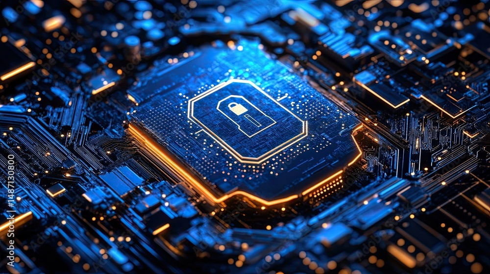 Poster digital security chip with futuristic design, highlighting advanced tech features in cyber protectio