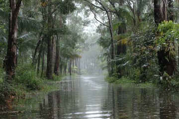 Flooded Forest Scene Photography: Overflooded River in Lush Green Woodland Landscape, Rainy Weather, Natural Disaster