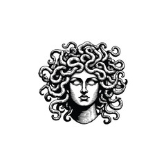 Vintage Medusa with snake hair Engraving Illustration, drawn in an engraved, woodcut style with fine details sketch engraving vector illustration. Scratch board imitation. Black and white image. 