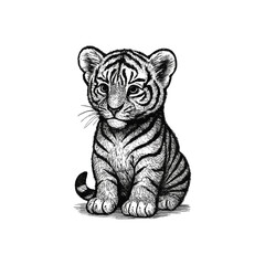 Vintage Cute Tiger Cub Engraving Illustration, drawn in an engraved, woodcut style with fine details sketch engraving vector illustration. Scratch board imitation. Black and white image. flat vector 