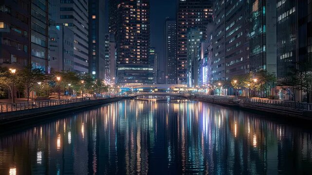 Modern illuminated cityscape of osaka at night with glowing skyscrapers and vibrant urban lights reflecting on wet streets