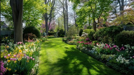 A breathtaking spring garden where every corner blooms in color, framed by a perfectly manicured lawn and brilliant sunlight.