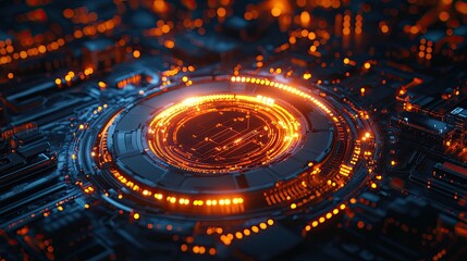 Digital security shield glowing in futuristic tech environment, emphasizing protection and innovation design.