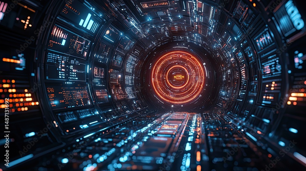 Poster digital security shield glowing in futuristic tech environment, emphasizing protection and innovatio