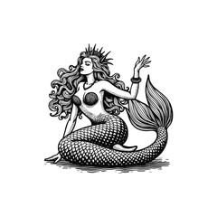 Fototapeta premium Vintage Mermaid queen with crown Engraving Illustration, drawn in an engraved, woodcut style with fine details sketch engraving vector illustration. Scratch board imitation. Black and white image. 