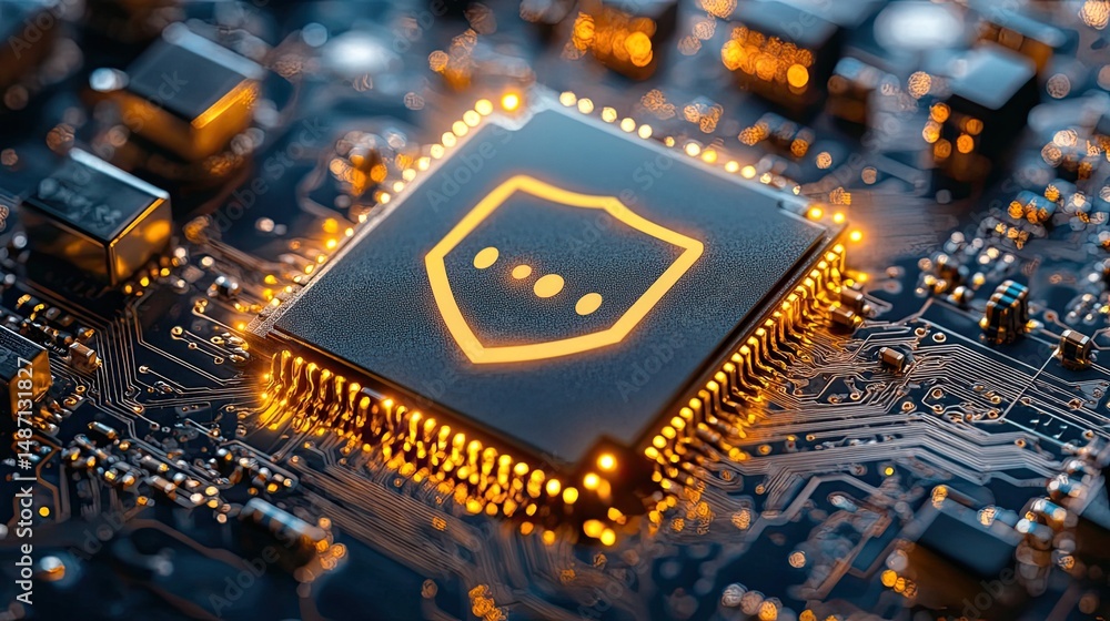 Poster digital security shield on a circuit board representing technology and data protection