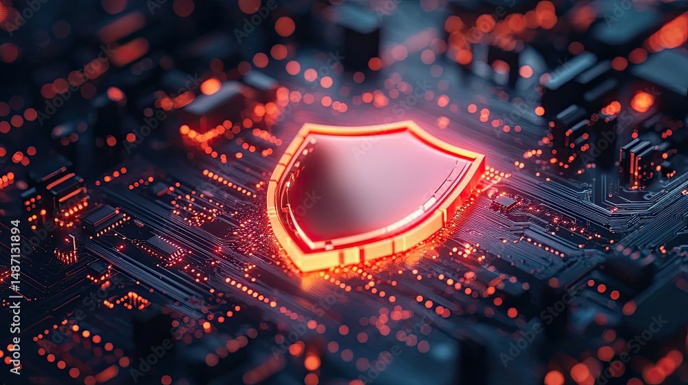 Poster digital security shield on a circuit board representing technology and data protection