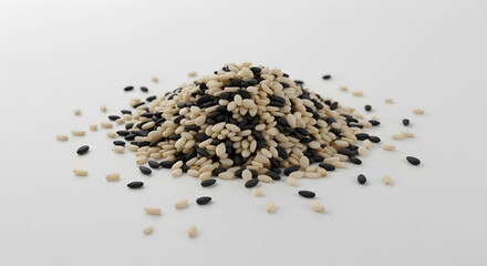 Heap of Black and White Rice Grains on White Background