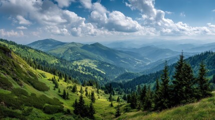 Obraz premium A breathtaking summer day in the Carpathian Mountains of Ukraine, where rolling green slopes meet dense coniferous forests under a radiant blue sky.