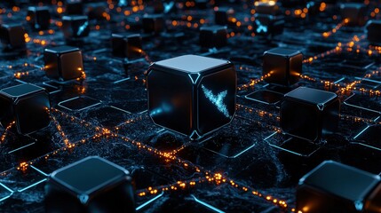 Fototapeta premium Dynamic digital cubes representing technology innovation in a futuristic environment 3d rendering perspective