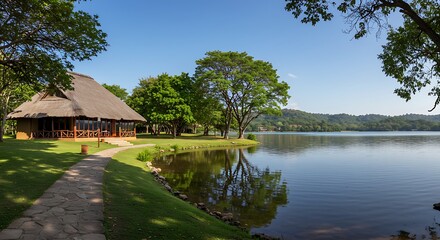 Fototapeta premium Serene natural landscape featuring a thatched-roof lodge beside a calm lake, with a stone path leading through green grass towards the building under a clear sky.
