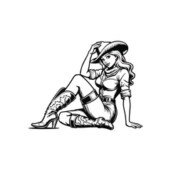 Vintage Cowboy woman in hat Engraving Illustration, drawn in an engraved, woodcut style with fine details sketch engraving vector illustration. Scratch board imitation. Black and white image. 