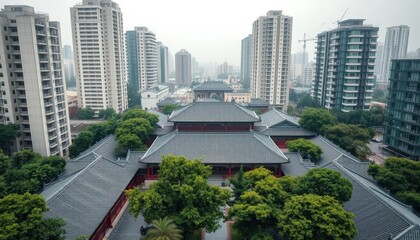 Obraz premium a traditional Chinese courtyard surrounded by modern city buildings