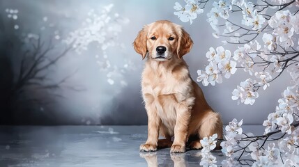 Playful golden retriever puppy surrounded by cherry blossoms in studio captivating portrait serene aesthetic