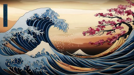 Fotobehang Dynamic waves and cherry blossoms japan art piece nature scene aesthetic perspective cultural significance © Tinnaphat