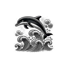 Vintage Dolphin with waves Engraving Illustration, drawn in an engraved, woodcut style with fine details sketch engraving vector illustration. Scratch board imitation. Black and white image. 