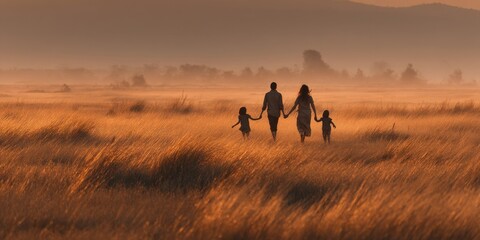 Golden Family Stroll: A family of four walks hand in hand through a vast, golden meadow, bathed in the warm, hazy light of the setting sun, creating a sense of peace, connection and shared joy.