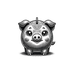 Vintage Cute piggy bank Engraving Illustration, drawn in an engraved, woodcut style with fine details sketch engraving vector illustration. Scratch board imitation. Black and white image. flat vector 