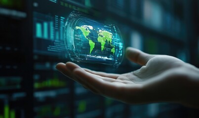 Holographic world map displayed in a hand over a server room.