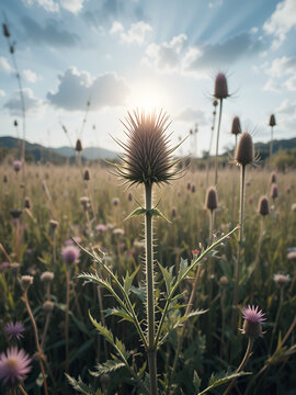 Wide-Angle view of teasel plant in a meadow with natural light