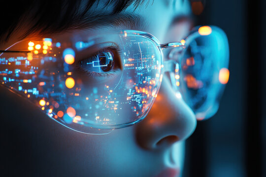 Woman with futuristic glasses interface.