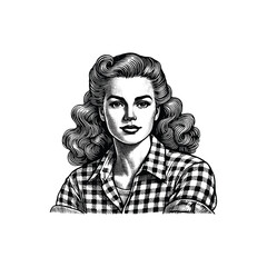 Vintage Woman red checker shirt Engraving Illustration, drawn in an engraved, woodcut style with fine details sketch engraving vector illustration. Scratch board imitation. Black and white image. 