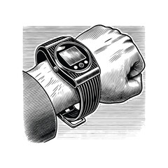 Vintage Watch in hand Engraving Illustration, drawn in an engraved, woodcut style with fine details sketch engraving vector illustration. Scratch board imitation. Black and white image. flat vector 