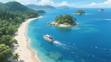 Obraz premium Aerial View of a Ferry Approaching a Tropical Island with Sandy Beach