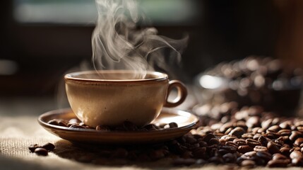 A close-up of a steaming coffee cup on a saucer, set amidst a scatter of aromatic coffee beans in warm natural light.