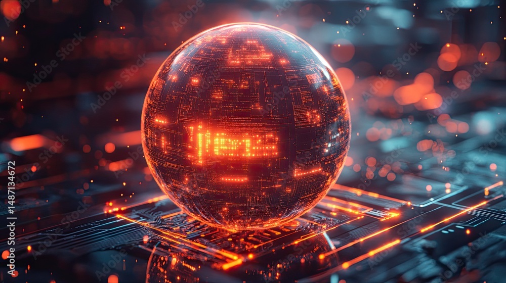 Poster digital sphere surrounded by glowing circuitry and vibrant lights representing network security conc