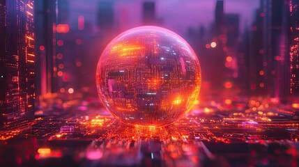 Digital sphere surrounded by glowing circuitry and vibrant lights representing network security concepts.