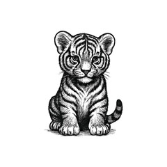 Vintage Baby tiger Illustration, drawn in an engraved, woodcut style with fine details sketch engraving vector illustration. Scratch board imitation. Black and white image. flat vector design