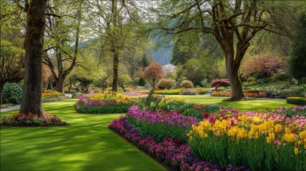 A colorful spring paradise with nature in full display--flower beds bursting in bloom, neatly framed by rich, healthy grass.