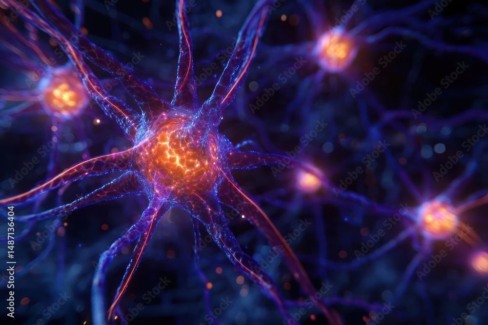 Aufkleber brain model with glowing neural pathways and vibrant nodes representing cognitive processes.
