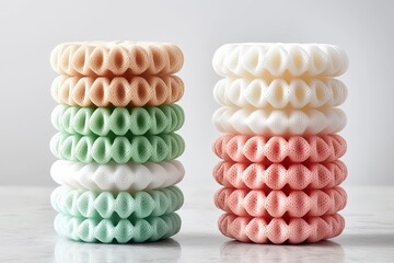 Pastel Colored Textured Rounds Stacked on Light Gray Surface