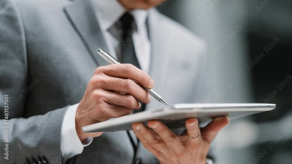 Poster modern professional workflow: a sharp professional, impeccably dressed in a suit, engrossed in using