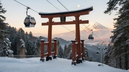 Snowy Torii Gate with Cable Cars and Mountain View