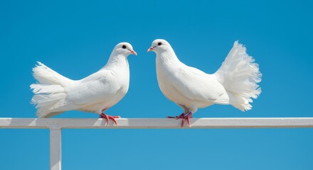 Obraz premium Two white doves perched on a railing against a vibrant blue sky.
